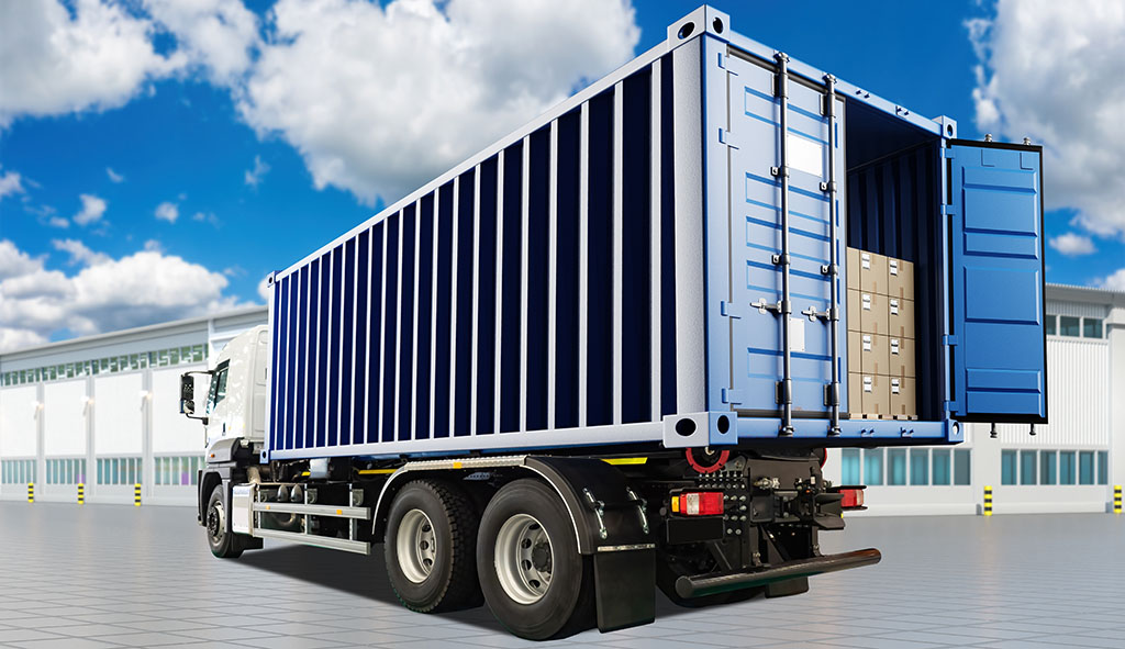 A shipping container on a truck